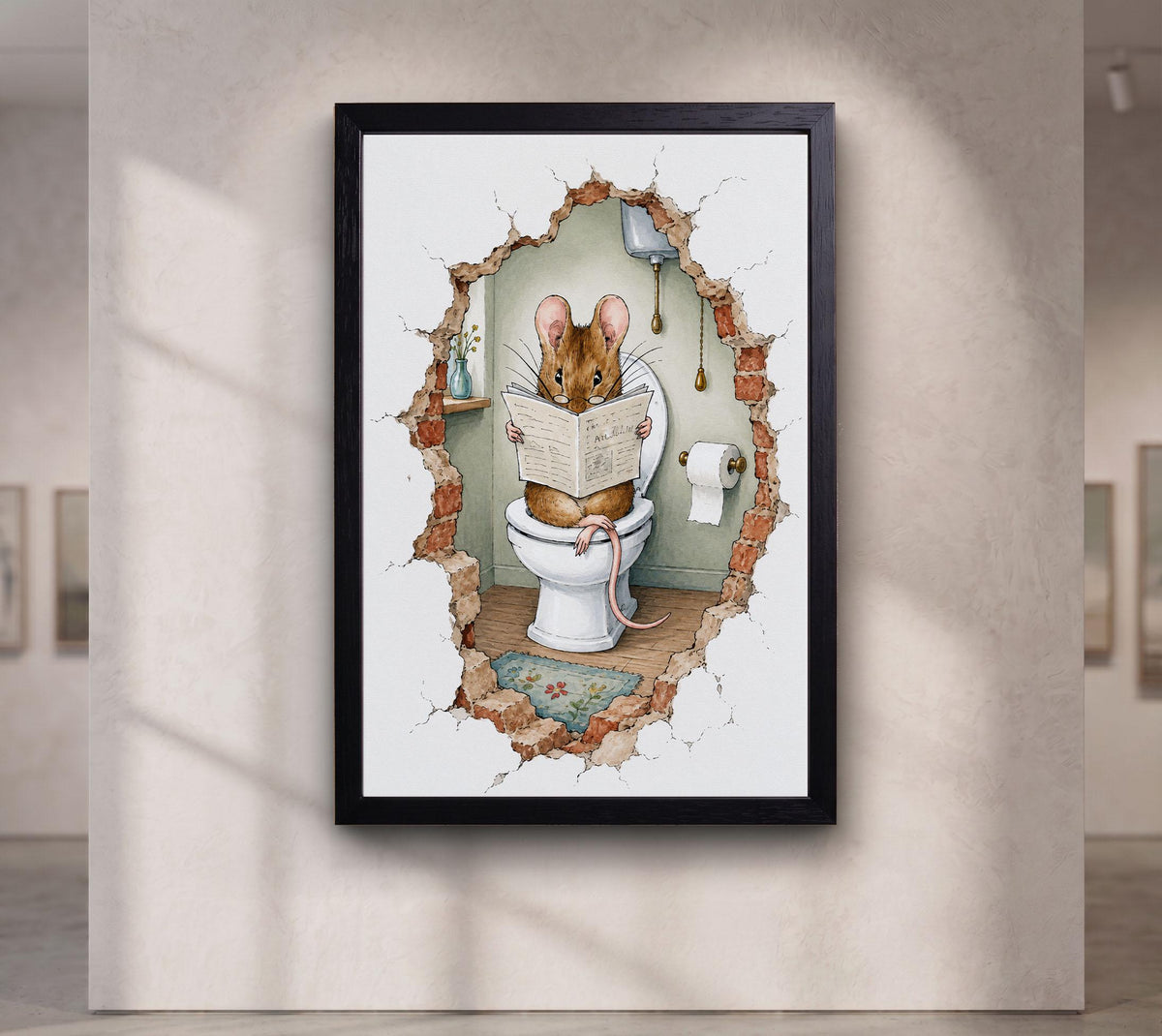 Funny Mouse Bathroom Wall Art, Reading Newspaper on Toilet Print, Whimsical Bathroom Decor, Cute Animal Canvas