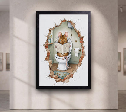Funny Mouse Bathroom Wall Art, Reading Newspaper on Toilet Print, Whimsical Bathroom Decor, Cute Animal Canvas