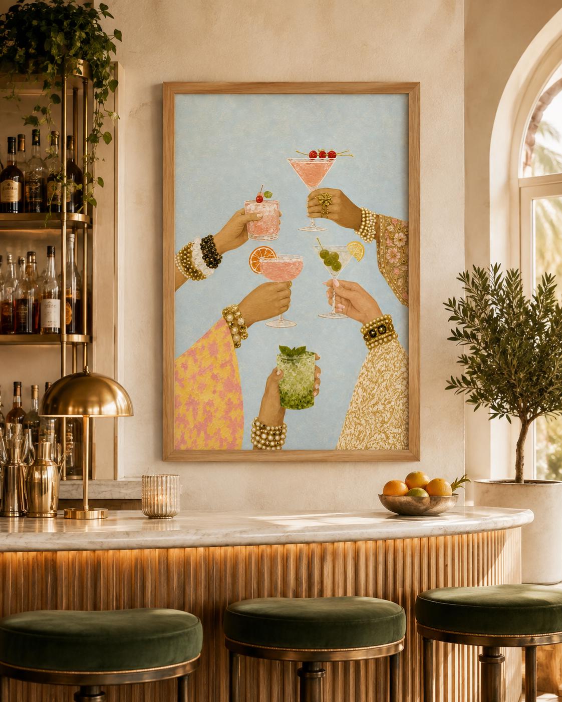 Cocktail Party Wall Art, Colorful Cheers Print, Girls Night Bar Decor