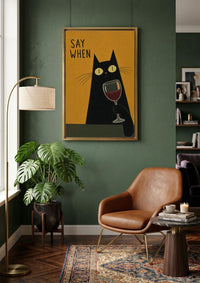 Funny Black Cat Wine Wall Art, Say When Poster, Quirky Bar Cart Decor, Cat Lover Gift