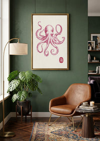 Pink Octopus Wall Art, Japanese Sea Life Canvas, Coastal Nautical Decor