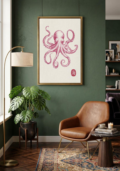 Pink Octopus Wall Art, Japanese Sea Life Canvas, Coastal Nautical Decor