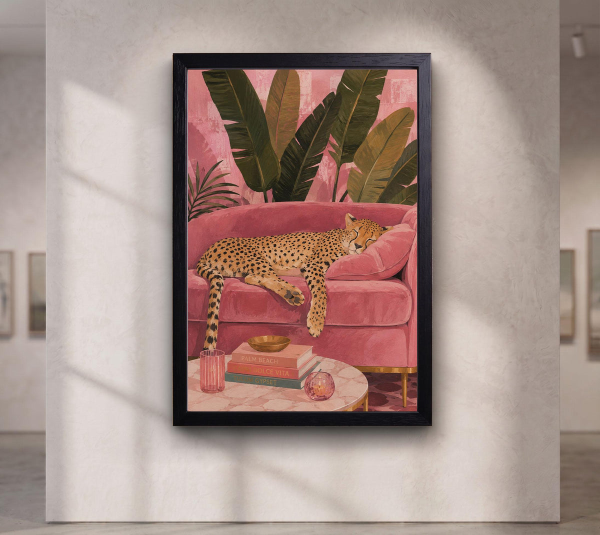 Sleeping Cheetah Wall Art, Pink Tropical Living Room Canvas, Luxury Pink Print