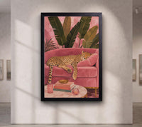 Sleeping Cheetah Wall Art, Pink Tropical Living Room Canvas, Luxury Pink Print