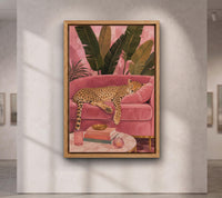 Sleeping Cheetah Wall Art, Pink Tropical Living Room Canvas, Luxury Pink Print