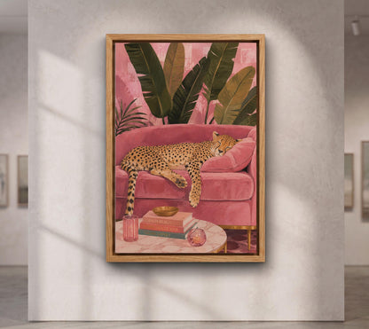 Sleeping Cheetah Wall Art, Pink Tropical Living Room Canvas, Luxury Pink Print