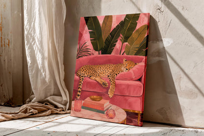 Sleeping Cheetah Wall Art, Pink Tropical Living Room Canvas, Luxury Pink Print