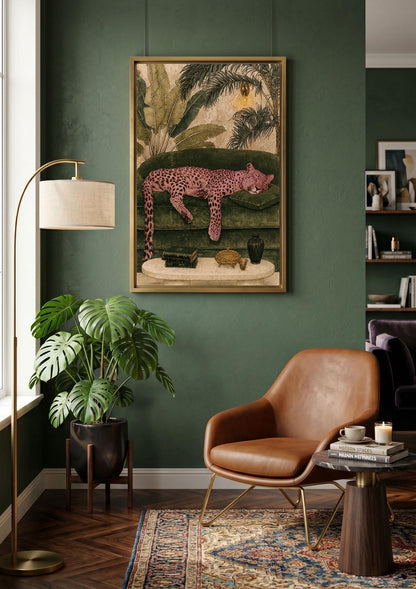 Pink Leopard Wall Art, Luxury Tropical Jungle Decor, Maximalist Animal Print