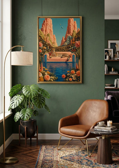 Surreal Cheetah Wall Art, Retro Botanical Dreamscape Print, Pink Sofa Animal Poster