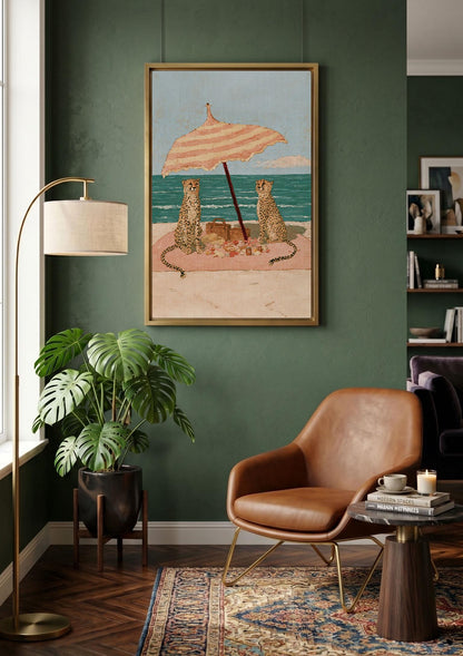 Cheetah Beach Picnic Wall Art, Pink Coastal Print, Retro Animal Poster, Whimsical Beach House Summer Decor