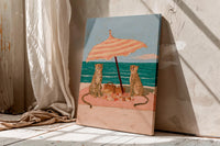 Cheetah Beach Picnic Wall Art, Pink Coastal Print, Retro Animal Poster, Whimsical Beach House Summer Decor