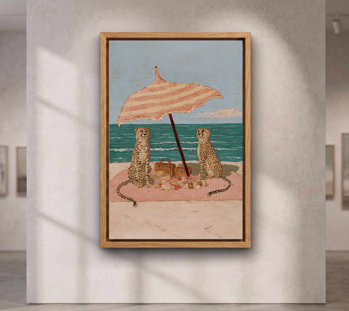 Cheetah Beach Picnic Wall Art, Pink Coastal Print, Retro Animal Poster, Whimsical Beach House Summer Decor