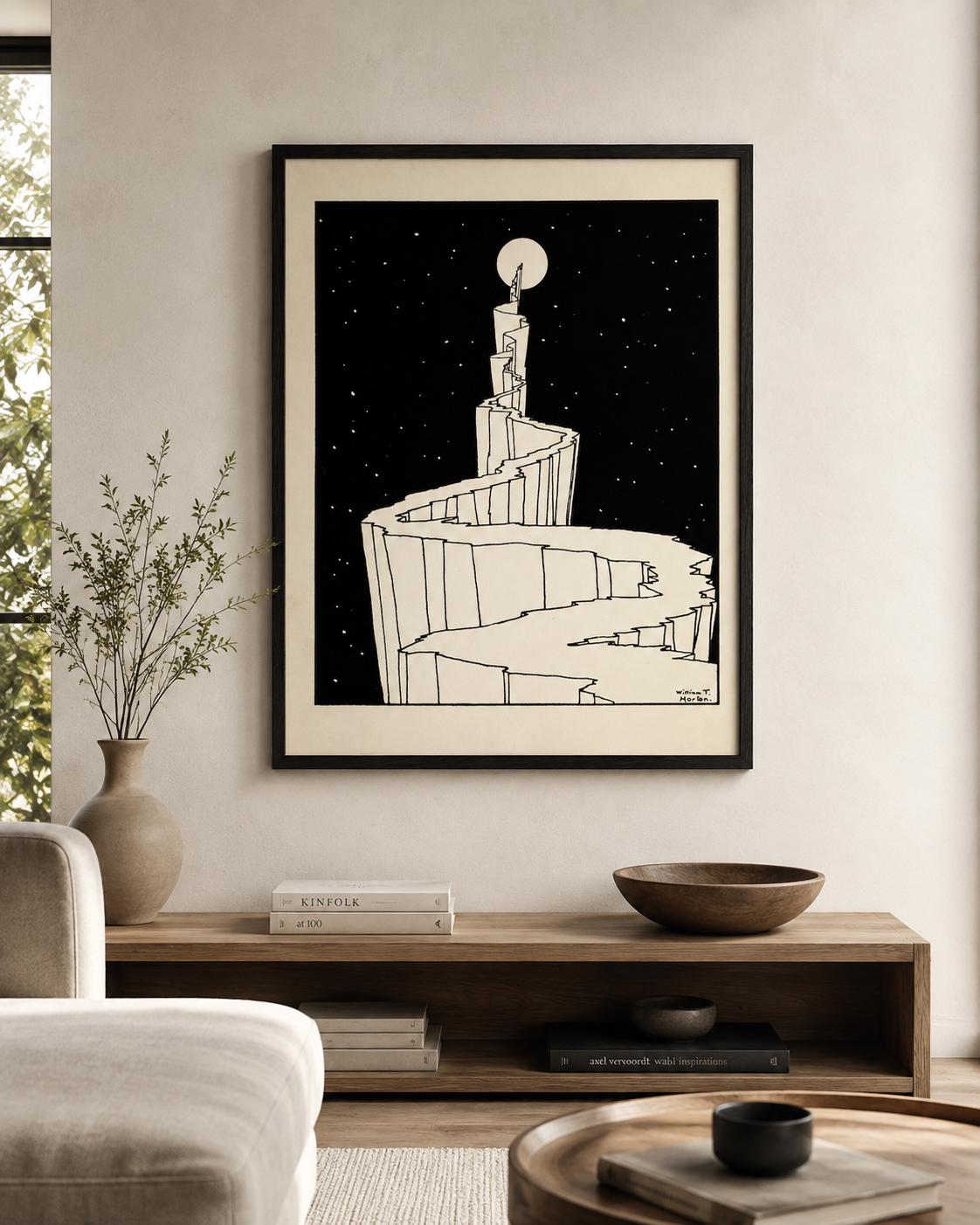 The Path to the Moon by W. T. Horton, 1898 | Mystical Black and White Celestial Art Print