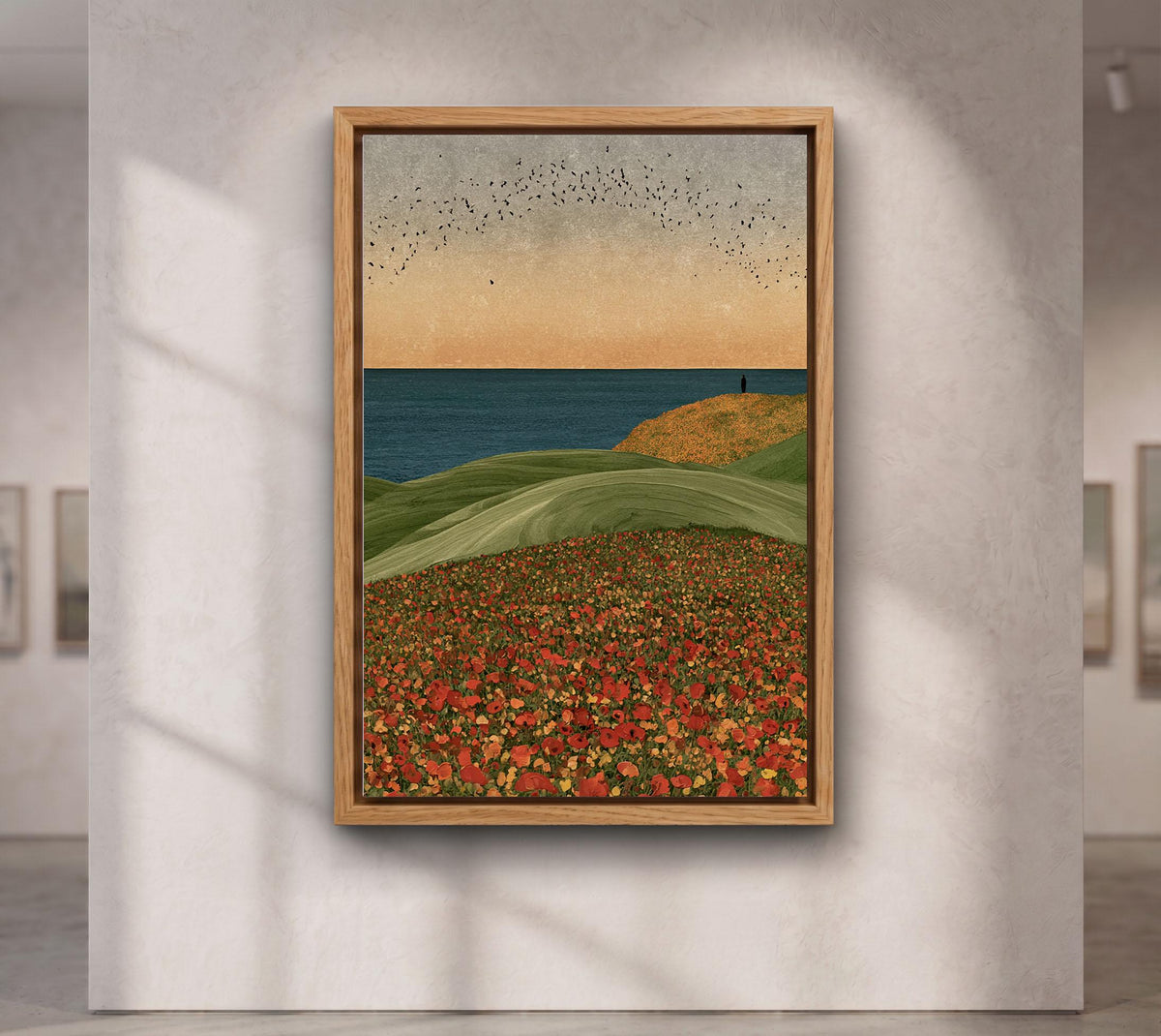 Solitary Horizon Canvas Wall Art, Red Poppy Field Ocean View Print, Minimalist Coast Nature Poster,Coastal Landscape Canvas Print
