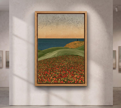 Solitary Horizon Canvas Wall Art, Red Poppy Field Ocean View Print, Minimalist Coast Nature Poster,Coastal Landscape Canvas Print