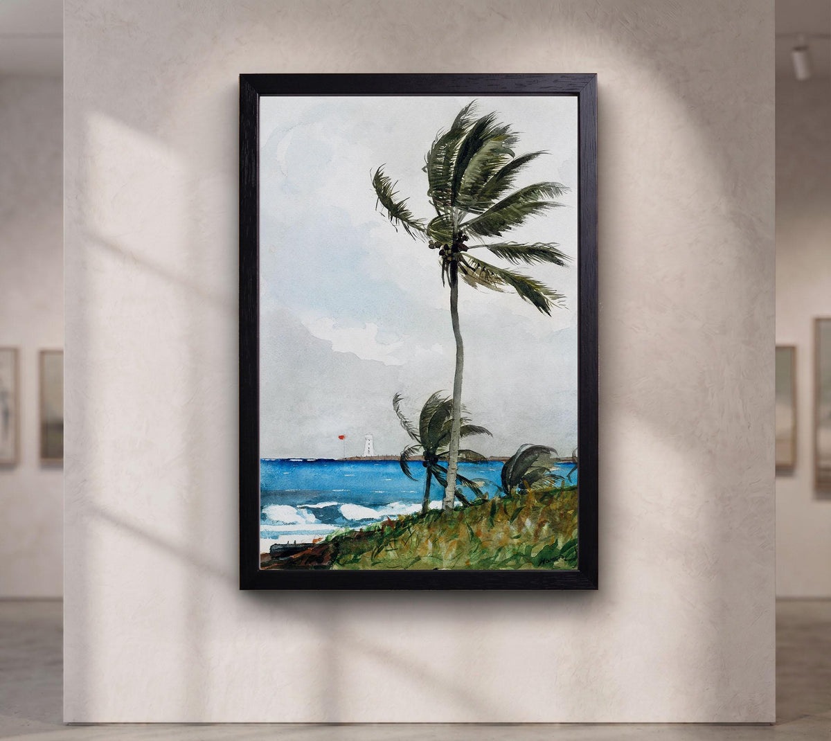 Tropical Palm Tree Watercolor Painting Canvas Wall Art, Coastal Beach House Wall Decor, Ocean Landscape Print, Housewarm