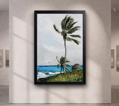 Tropical Palm Tree Watercolor Painting Canvas Wall Art, Coastal Beach House Wall Decor, Ocean Landscape Print, Housewarm