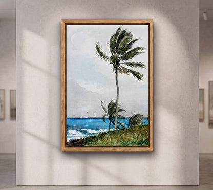 Tropical Palm Tree Watercolor Painting Canvas Wall Art, Coastal Beach House Wall Decor, Ocean Landscape Print, Housewarm