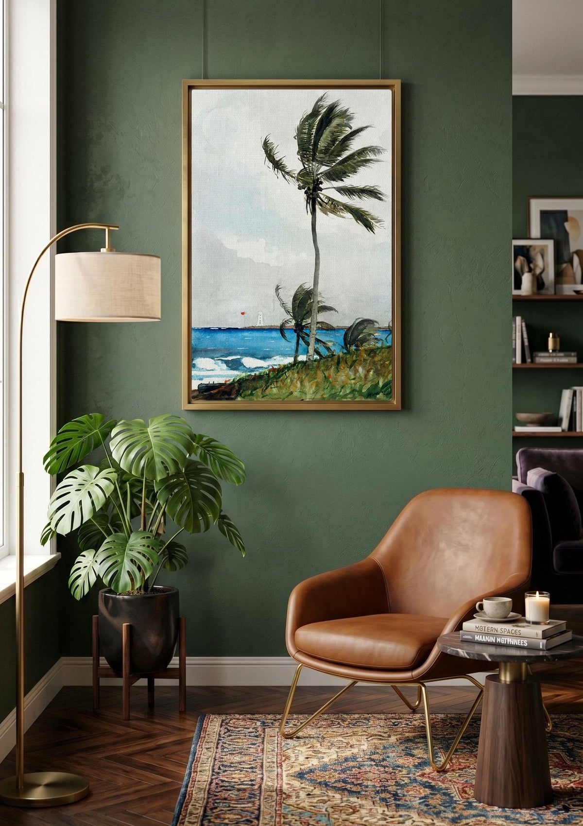 Tropical Palm Tree Watercolor Painting Canvas Wall Art, Coastal Beach House Wall Decor, Ocean Landscape Print, Housewarm