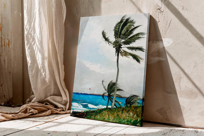 Tropical Palm Tree Watercolor Painting Canvas Wall Art, Coastal Beach House Wall Decor, Ocean Landscape Print, Housewarm