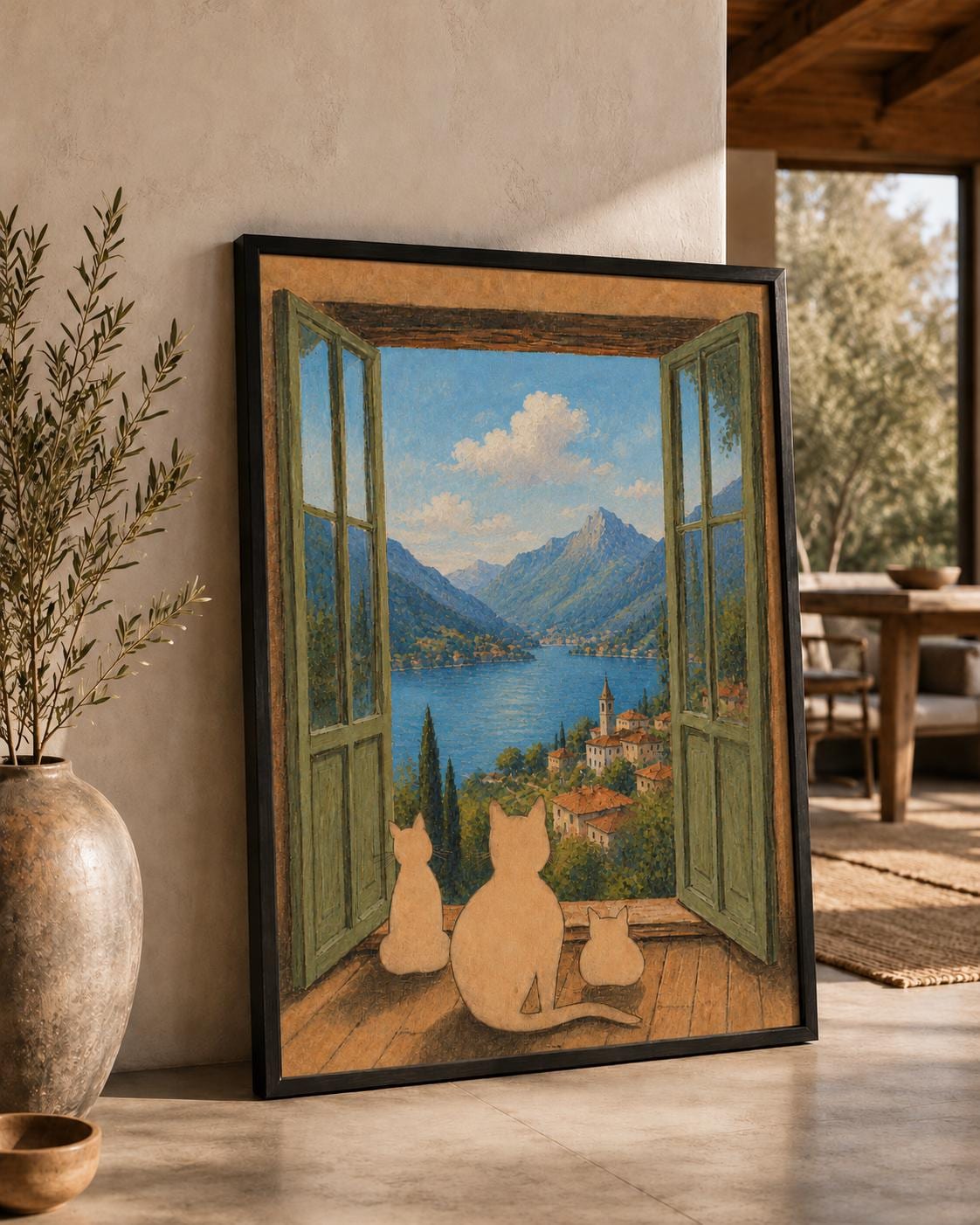 Open Window and Cats Henri Matisse Print, Henri Matisse Style Fauvism Painting, Patio Doors Italy Mediterranean, Lake Como
