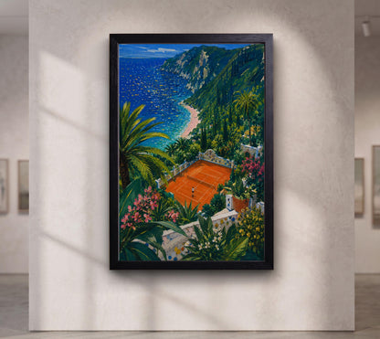 Mediterranean Tennis Court Wall Art, Coastal Landscape Canvas, Colorful Seaside Painting, Amalfi Style Decor