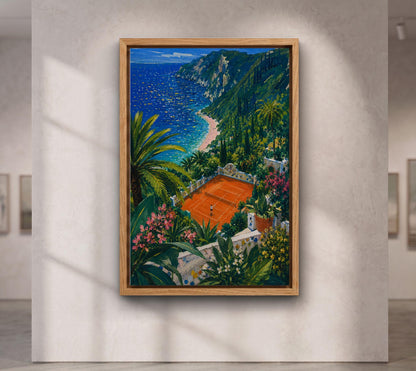 Mediterranean Tennis Court Wall Art, Coastal Landscape Canvas, Colorful Seaside Painting, Amalfi Style Decor