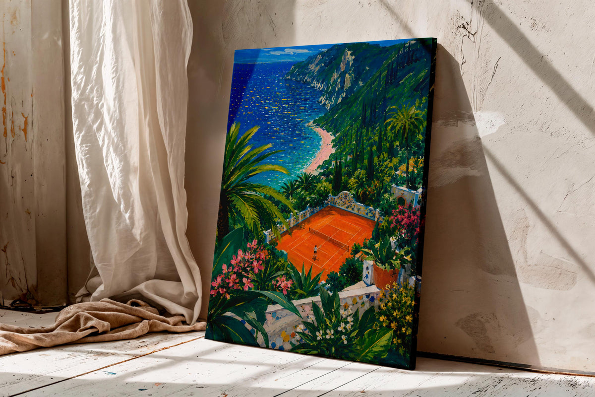 Mediterranean Tennis Court Wall Art, Coastal Landscape Canvas, Colorful Seaside Painting, Amalfi Style Decor