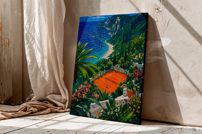 Mediterranean Tennis Court Wall Art, Coastal Landscape Canvas, Colorful Seaside Painting, Amalfi Style Decor