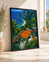 Mediterranean Tennis Court Wall Art, Coastal Landscape Canvas, Colorful Seaside Painting, Amalfi Style Decor