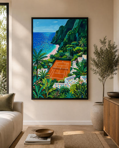 Mediterranean Tennis Court Wall Art, Coastal Landscape Canvas, Colorful Seaside Painting, Amalfi Style Decor