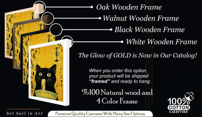 Gustav Klimt Black Cat Eating Noodles Wall Art, Whimsical Gold Cat Canvas, Funny Kitchen Decor, Pasta Prints
