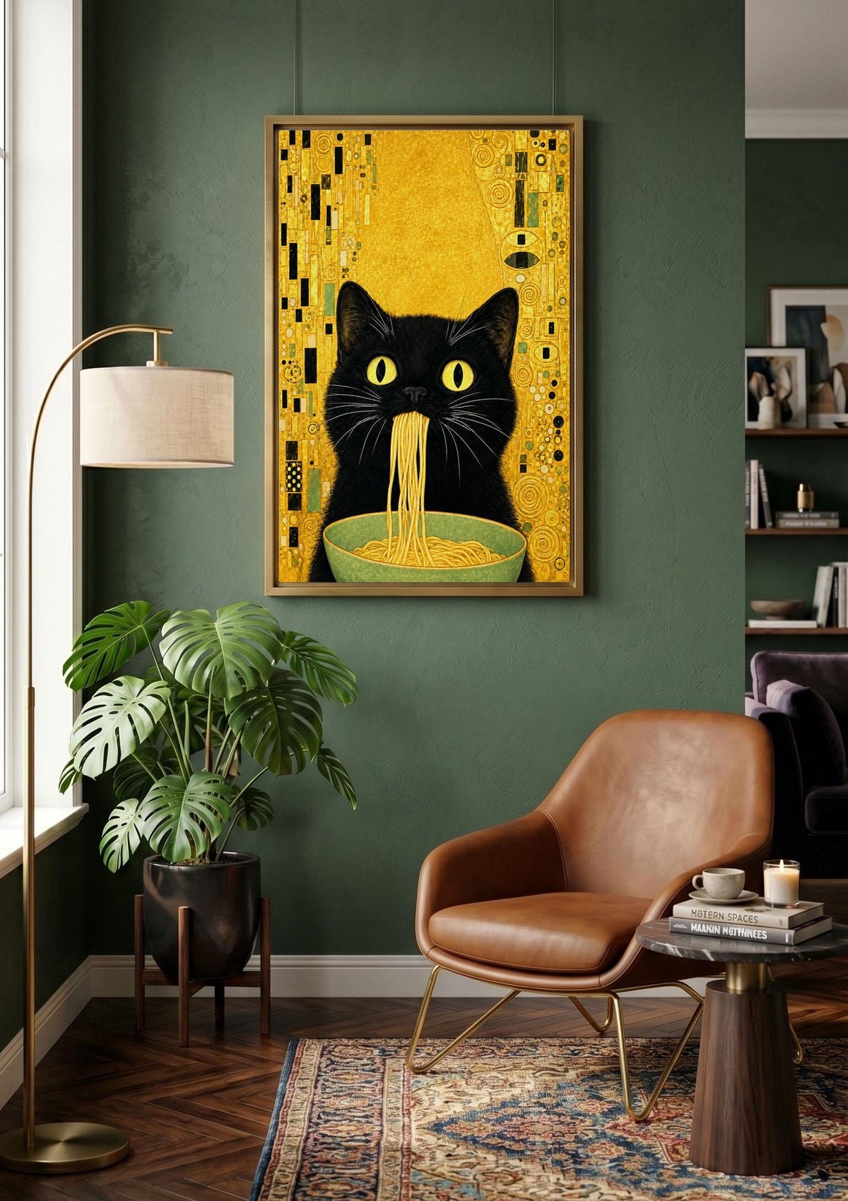 Gustav Klimt Black Cat Eating Noodles Wall Art, Whimsical Gold Cat Canvas, Funny Kitchen Decor, Pasta Prints