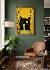 Gustav Klimt Black Cat Eating Noodles Wall Art, Whimsical Gold Cat Canvas, Funny Kitchen Decor, Pasta Prints
