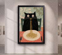 Funny Black Cat Eating Spaghetti Wall Art, Whimsical Kitchen Canvas Print, Funny Kitchen Decor, Pasta Prints
