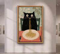 Funny Black Cat Eating Spaghetti Wall Art, Whimsical Kitchen Canvas Print, Funny Kitchen Decor, Pasta Prints