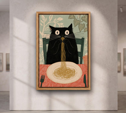 Funny Black Cat Eating Spaghetti Wall Art, Whimsical Kitchen Canvas Print, Funny Kitchen Decor, Pasta Prints