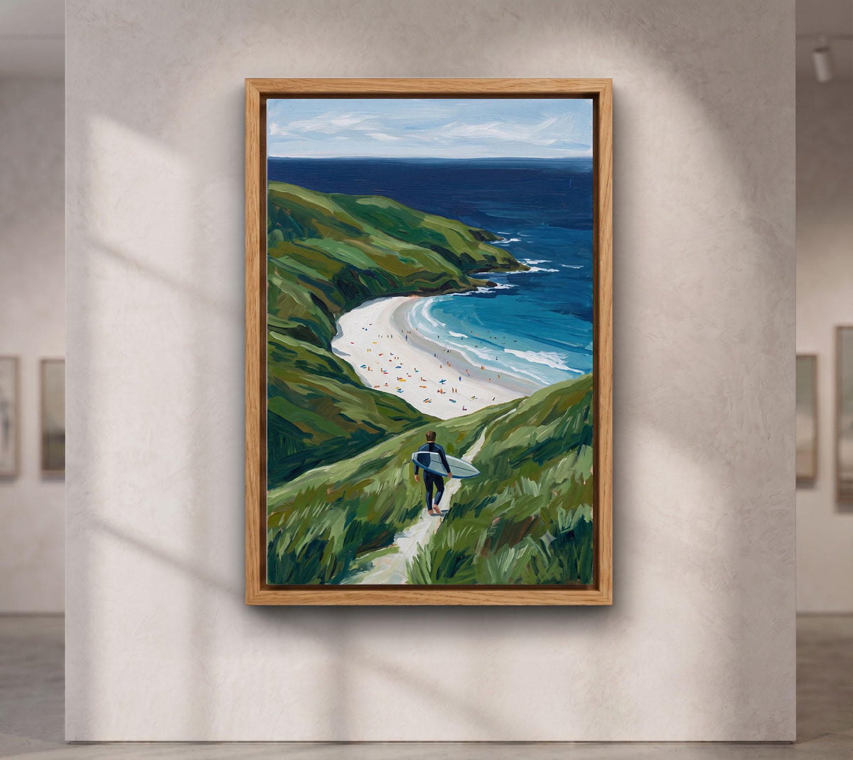Coastal Surfer Wall Art, Ocean Beach Landscape Canvas Print, Green Cliffs Seaside Decor,Beach Landscape Canvas