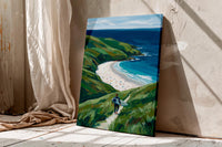 Coastal Surfer Wall Art, Ocean Beach Landscape Canvas Print, Green Cliffs Seaside Decor,Beach Landscape Canvas