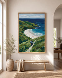 Coastal Surfer Wall Art, Ocean Beach Landscape Canvas Print, Green Cliffs Seaside Decor,Beach Landscape Canvas