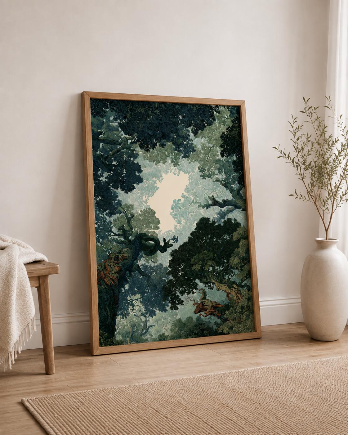 Forest Canopy Tree Art, Enchanted Forest Canopy Wall Art, Moody Green Nature Canvas PrintGreen Leaf Nature Print, Woodland Landscape Decor