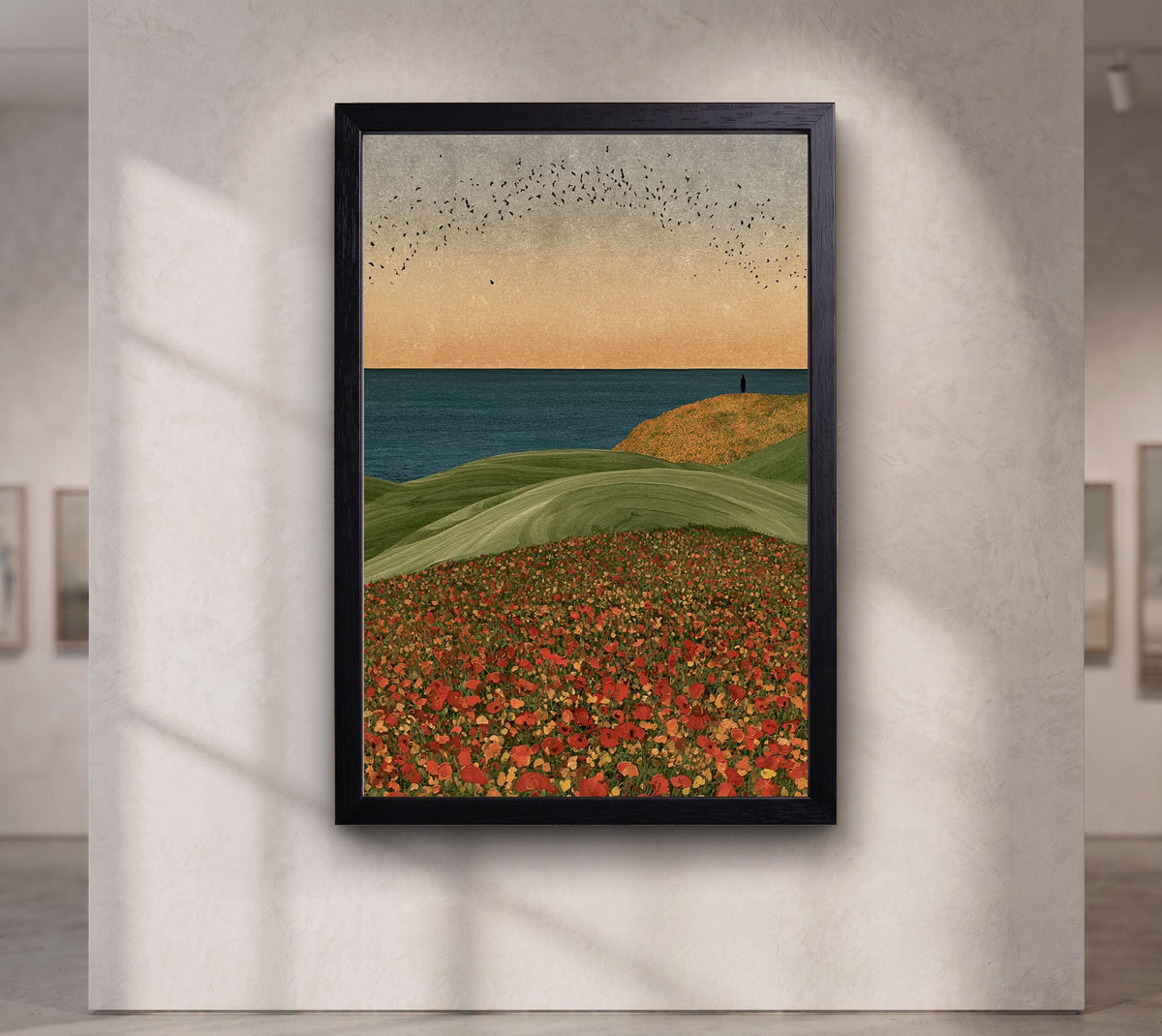 Solitary Horizon Canvas Wall Art, Red Poppy Field Ocean View Print, Minimalist Coast Nature Poster,Coastal Landscape Can