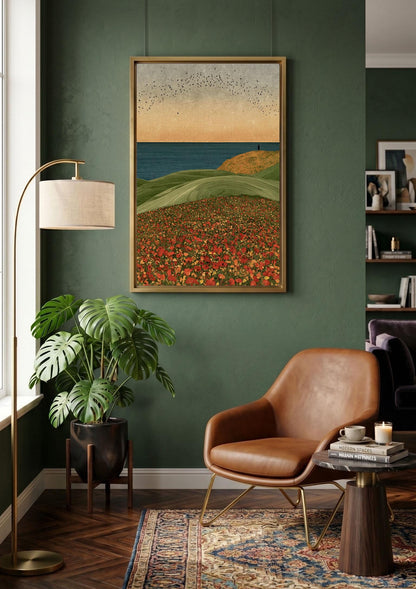 Solitary Horizon Canvas Wall Art, Red Poppy Field Ocean View Print, Minimalist Coast Nature Poster,Coastal Landscape Canvas Print
