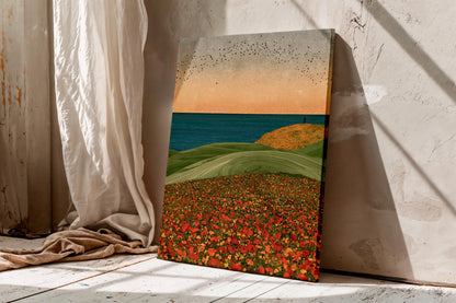 Solitary Horizon Canvas Wall Art, Red Poppy Field Ocean View Print, Minimalist Coast Nature Poster,Coastal Landscape Canvas Print