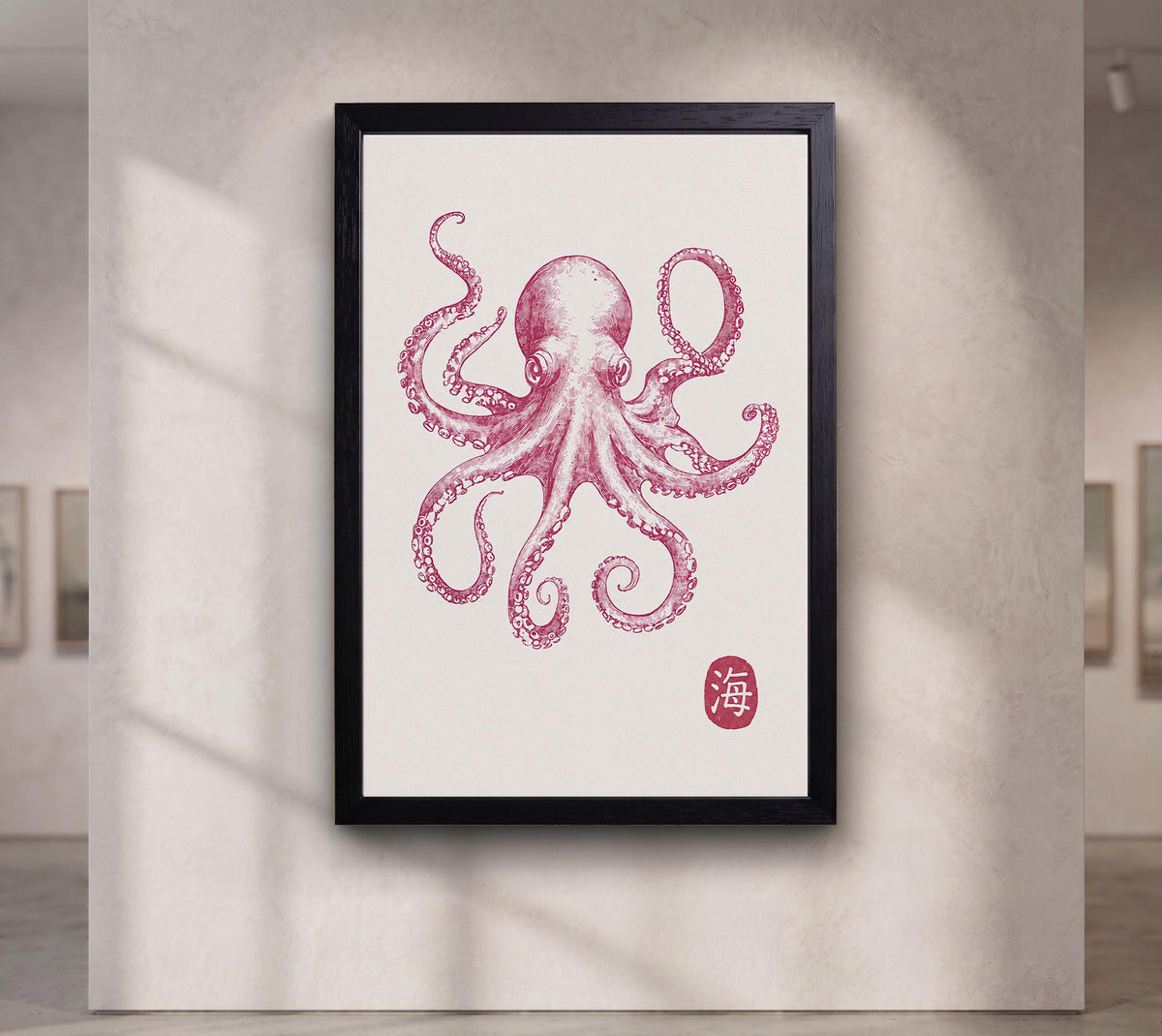 Pink Octopus Wall Art, Japanese Sea Life Canvas, Coastal Nautical Decor