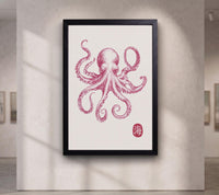 Pink Octopus Wall Art, Japanese Sea Life Canvas, Coastal Nautical Decor
