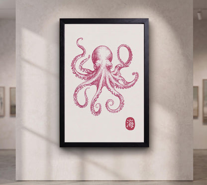 Pink Octopus Wall Art, Japanese Sea Life Canvas, Coastal Nautical Decor