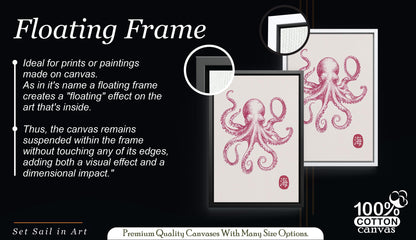 Pink Octopus Wall Art, Japanese Sea Life Canvas, Coastal Nautical Decor