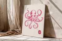 Pink Octopus Wall Art, Japanese Sea Life Canvas, Coastal Nautical Decor