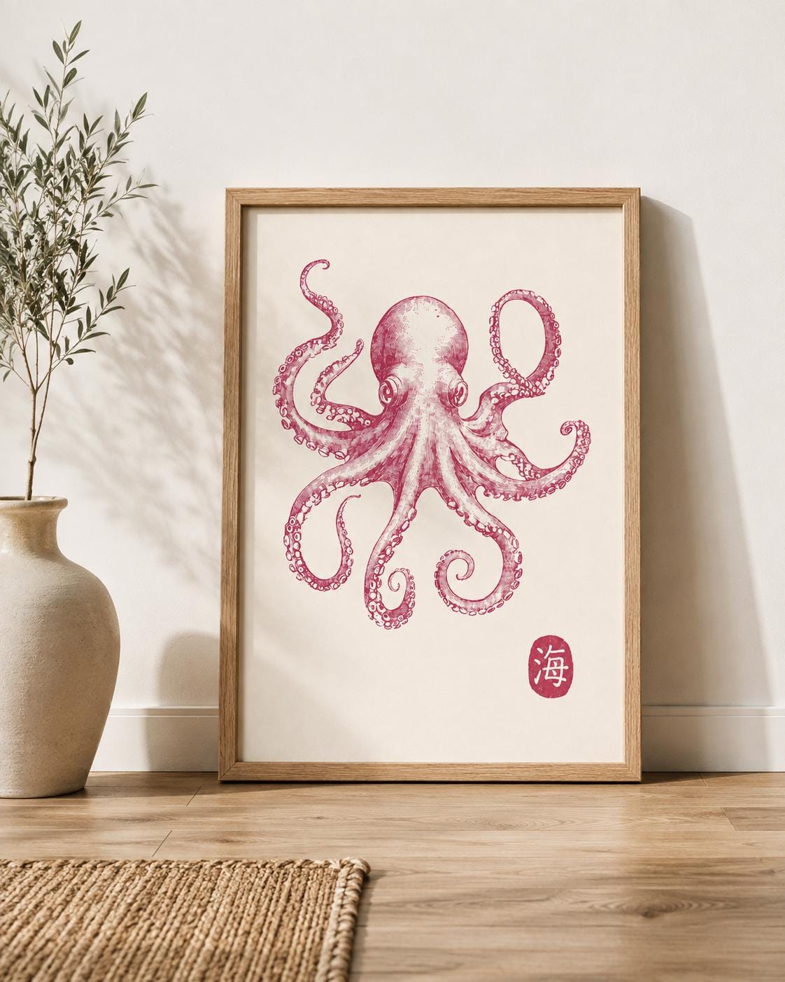 Pink Octopus Wall Art, Japanese Sea Life Canvas, Coastal Nautical Decor